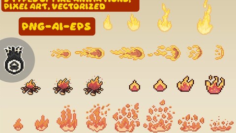 5 TYPES OF FIRE ANIMATIONS, PIXEL ART, VECTORIZED
