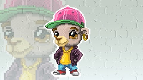 pixel art sticker mascot,cute street style camel,vectorized pixel art.