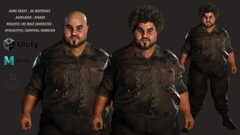 AAA 3D FAT BLACK MAN SURVIVOR / APOCALYPTIC / HOMELESS - REALISTIC RIGGED GAME READY CHARACTER