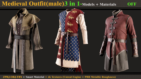 3 in 1 Medieval Outfit-MALE-MD/Clo3d (OBJ + FBX +ZPRJ) + Smart Material + Textures