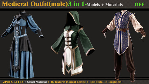 3 in 1 Medieval Outfit-FEMALE-MD/Clo3d (OBJ + FBX +ZPRJ) + Smart Material + Textures