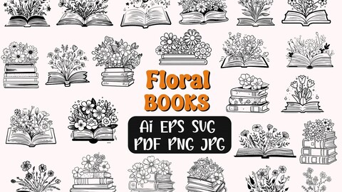 24 Floral Book SVG, Book with Flowers Svg, Book Svg, Reading Books Svg, Flowers Growing Out of a Book, Book lover Clipart, Flowers with Book