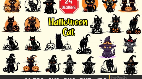 Halloween cat SVG clipart, Cute Halloween black cats, Kawaii Pumpkin Ghost Candy clipart, Spooky Cat png, Funny Cat svg, Scary Halloween cat