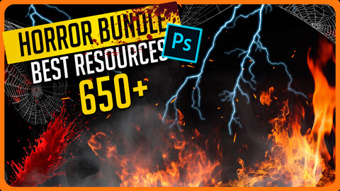 Horror Bundle - 5 Packs Lightning Bolt, Fire flames, Smoke Effect, Blood Splatter, Spider Web for Photoshop