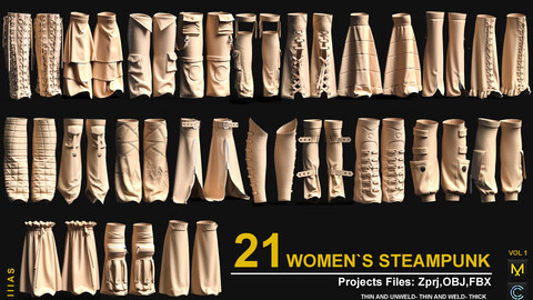 21 WOMEN`S STEAMPUNK VOL 1 (CLO3D AND MARVELOUS DESIGNER) ZPRJ, OBJ, FBX, UV
