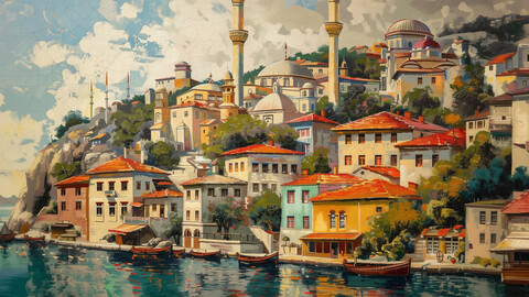 Istanbul from the Bosporus Watercolor Style