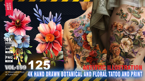 125 4K HAND DRAWN BOTANICAL AND FLORAL TATTOO AND PRINT - ARTISTIC ILLUSTRATION - HIGH END QUALITY RES - (TRANSPARENT & ALPHA) - VOL199