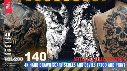 140 4K HAND DRAWN SCARY SKULLS AND DEVILS TATTOO AND PRINT - ARTISTIC ILLUSTRATION - HIGH END QUALITY RES - (TRANSPARENT & ALPHA) - VOL200