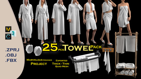 25 Towel pack for Men , Women and bathroom towels.    Marvelous Designer project  .ZPRJ/.OBJ/.FBX