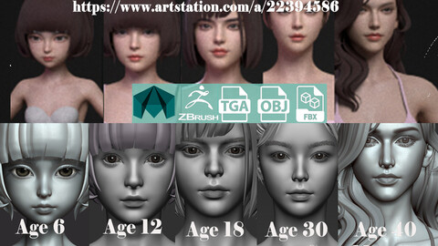 5 Fine-Looking Beautiful Female basemesh from 6 to 40 years mature sex cute old zbrush HighPloy 3D Print Mesh average character woman  female torso head body foot hand highpoly basemesh young anatomy