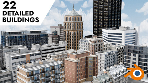 City Buildings Kitbash Pack - 22 Detailed Models - Textures Materials Blender, FBX, GLB, OBJ