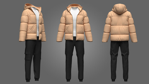 Men's Puffer Jacket and Cargo Pant Outfit 3d Model