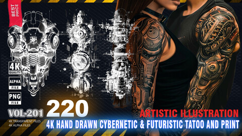 220 4K HAND DRAWN CYBERNETIC AND FUTURISTIC TATTOO AND PRINT - ARTISTIC ILLUSTRATION - HIGH END QUALITY RES - (TRANSPARENT & ALPHA) - VOL201