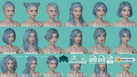 18 Real-time woman Hairstyles collection 05 hair anime head man male blonde brunette beautiful wig character hairstyle haircut human real time ingame unreal lowpoly