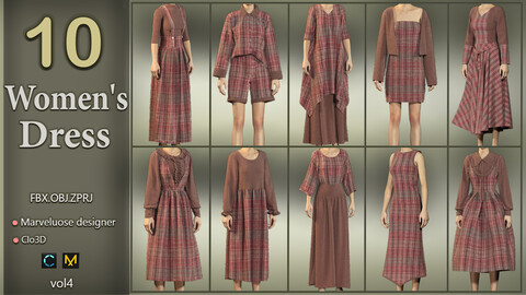 10 Women's dress+Marvelous designer/clo3D+ZPRJ/FBX/OBJ+Texture+A pose+Quad+CM