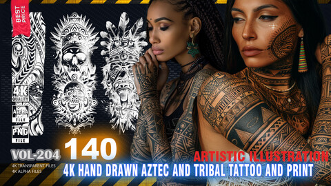 140 4K HAND DRAWN AZTEC AND TRIBAL TATTOO AND PRINT - ARTISTIC ILLUSTRATION - HIGH END QUALITY RES - (TRANSPARENT & ALPHA) - VOL204