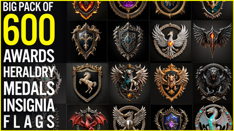 Pack of 600 Awards, Heraldry, Medals, Insignia, Flags, Achievements, Trophies, Rewards, Emblems, Clan and Fraction Signs vol1 | Game assets | 4K