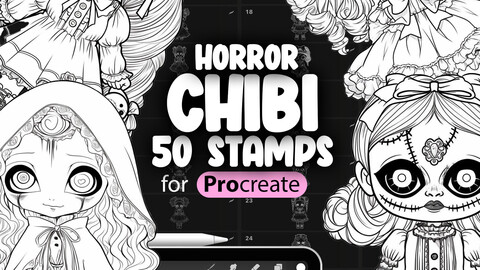 50 Chibi Horror Dolls Stamps | Chibi Creppy Doll Girls Stamp Brushes For Procreate | Chibi Procreate | Doll Procreate Brushes | Anime Creepy Girls Procreate Brushes