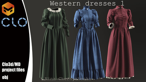 Western dresses 1. Marvelous Designer/Clo3d project + OBJ.