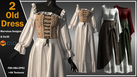 2 Old Dress For Women (FBX, OBJ, ZPRJ, Pose, DXF, PDF)