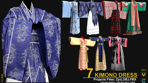 7 KIMONO DRESS VOL 2 (CLO3D AND MAEVELOUS DESIGNER) ZPRJ, OBJ, FBX,UV