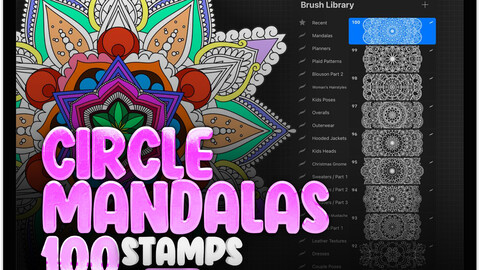 100 Procreate Circle Mandalas Stamp Brushes | Mandela Procreate Brushes | Procreate Mandala Coloring Pages | Mandala Designs Procreate Brushes