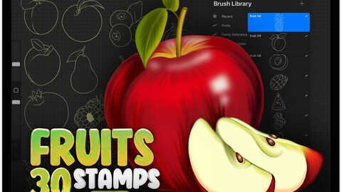 30 Procreate Fruits Stamp Brushes | Peach Procreate | Procreate Apple | Procreate Pomegranate | Procreate Cherry | Procreate Raspberry | Procreate Strawberry | Procreate Orange | Procreate Watermelon | Procreate Pineapple | Procreate Banana Brushes