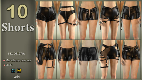 10 Shorts +Marvelous designer/clo3D/3DMax +ZPRJ/FBX/OBJ/MAX +Texture +A pose +Quad +CM