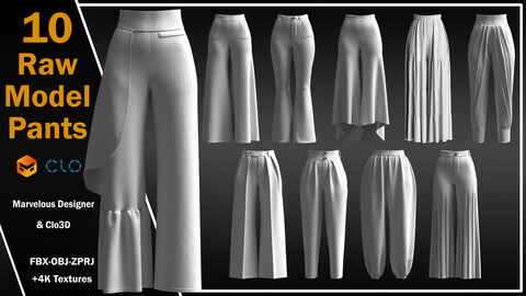 10 Raw Models Of Pants (ZPRJ, FBX, OBJ, DXF, PDF)