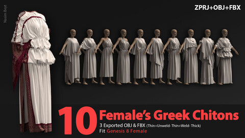 10 Female's Greek Chitons pack(VOL.01). Marvelous Designer/Clo3D project file+OBJ,FBX