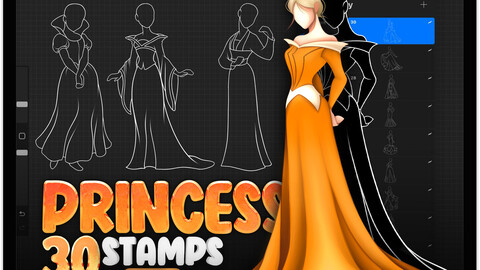 30 Princesses Stamps for Procreate | Princess Brushes for Procreate | Procreate Princess Reference | Procreate Princess Dress Outline Stamps Brushes | Procreate Princess Poses Brushes | Procreate Queen Stamp Brushes | Procreate Cartoon Character Princess