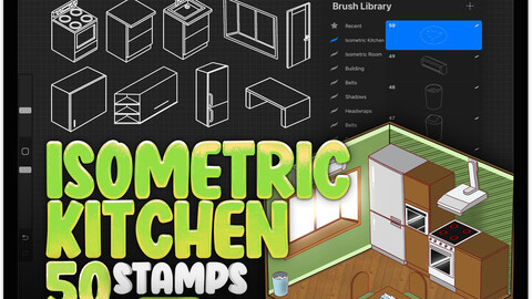 50 Isometric Kitchen Brushes for Procreate | 3D Isometric Interior Maker for Procreate | Isometric Procreate Stamps Furniture Brushes | Procreate Stamps Interior Brushes | Procreate Kitchen Furniture Stamp Brushes | Procreate Rooms Brushes