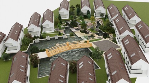 3D model scene of  neighborhood with park  landscape