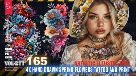 165 4K HAND DRAWN SPRING FLOWERS TATTOO AND PRINT - ARTISTIC ILLUSTRATION - HIGH END QUALITY RES - (TRANSPARENT & ALPHA) - VOL211