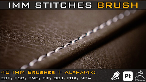 40 IMM Stitches, Sewing Brush for Zbrush and Substance Painter( with Alpha_4k )+ obj & fbx+ Video Tutorial/V-02