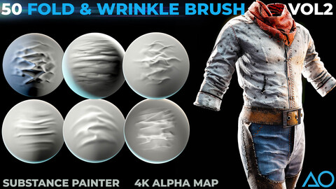 50 Folds and Wrinkle Brush Vol 2 - Substance Painter + 4K PSD PNG Alpha Map