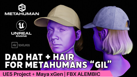 Dad Hat with Bob Hair for Metahuman "GIL", FBX/Alembic, UnrealEngine5 Project