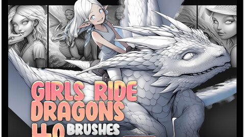 40 Fairies Ride Dragons Procreate Brushes | Fairies Ride Dragons Photoshop Brushes | Cute Girls with Dragons Procreate Stamp Brushes | Cartoon Girls with Dragons Brushes for Procreate and Photoshop