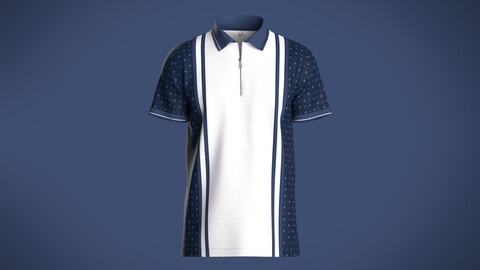 Mens white polo shirt with aop print and blue stripes