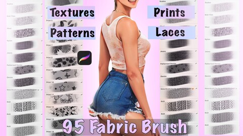 procreate fabric brush (set of 95). laces, seamless patterns, textures, prints brushes. Fashion textile brushes, clothes, detailing.