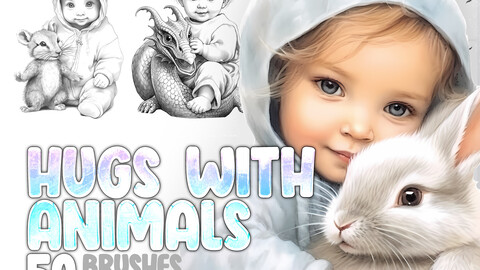 50 Babies Hug Animals Animals Procreate Brushes | Kids Hug Animals Procreate Brushes | Animals Lovers Stamp Brushes for Procreate | Kids Hug Animals Photoshop Brushes | Children Hugs Animals Procreate Stamp Brushes | Hugs Animals Photoshop