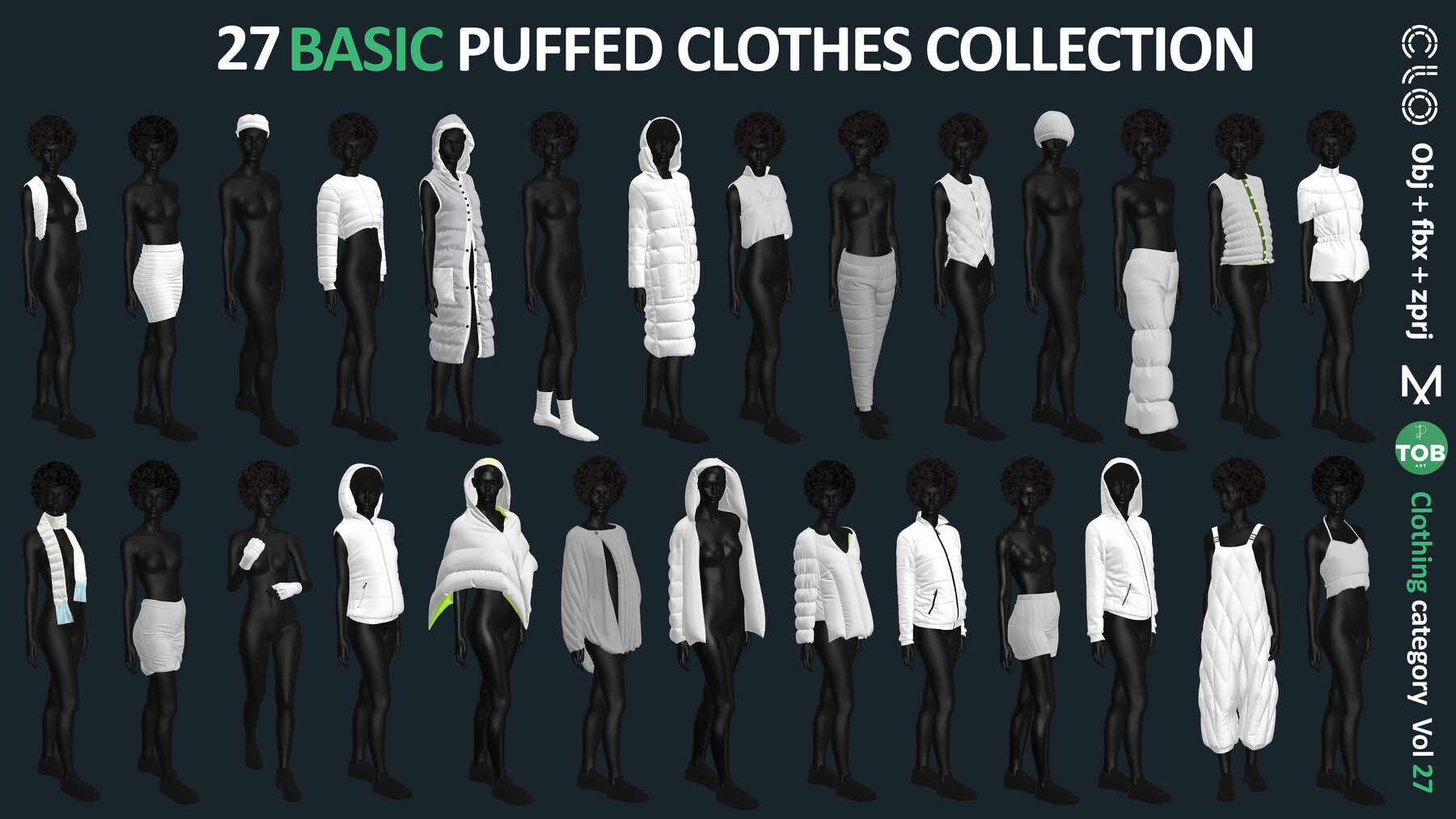 ArtStation - 27 BASIC PUFFED CLOTHES COLLECTION: ZPRJ + OBJ + FBX 