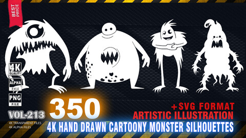 350 4K HAND DRAWN CARTOONY MONSTER SILHOUETTES - ARTISTIC ILLUSTRATION - HIGH END QUALITY RES - (TRANSPARENT & ALPHA & SVG VECTOR) - VOL213