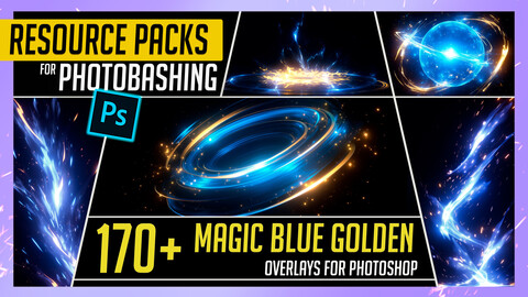 PHOTOBASH 170+ Magic Blue Golden Overlay Effects Resource Pack Photos for Photobashing in Photoshop