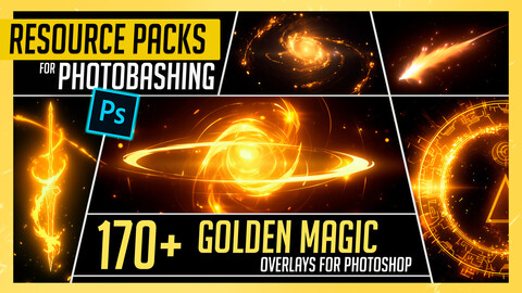 PHOTOBASH 170+ Golden Magic Overlay Effects Resource Pack Photos for Photobashing in Photoshop