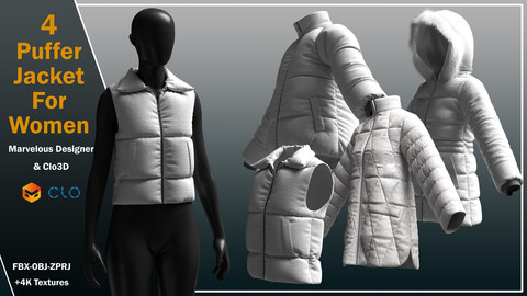 4 Puffer Jackets For Women (ZPRJ, PDF, FBX, OBJ, DXF)