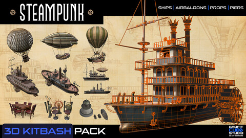 STEAMPUNK 3D KITBASH SET - TEXTURED GAME-READY MODELS