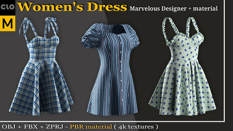 3 Women's Dress -Marvelous Designer/Clo3d + PBR Materials (4K Textures) + OBJ + FBX