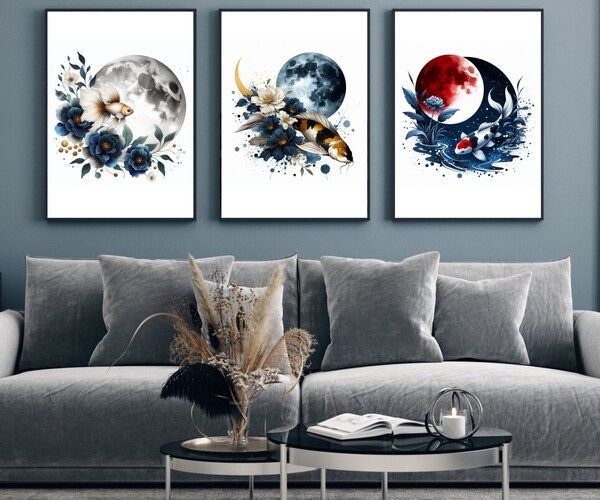 ArtStation - Koi Fish and Moon Art, Printable Watercolor 3 Set of Koi ...