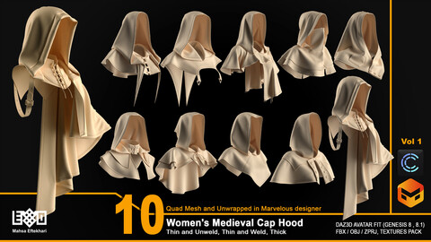 10 Women's Medieval Cap Hood (ZPRJ+FBX+OBJ Files)